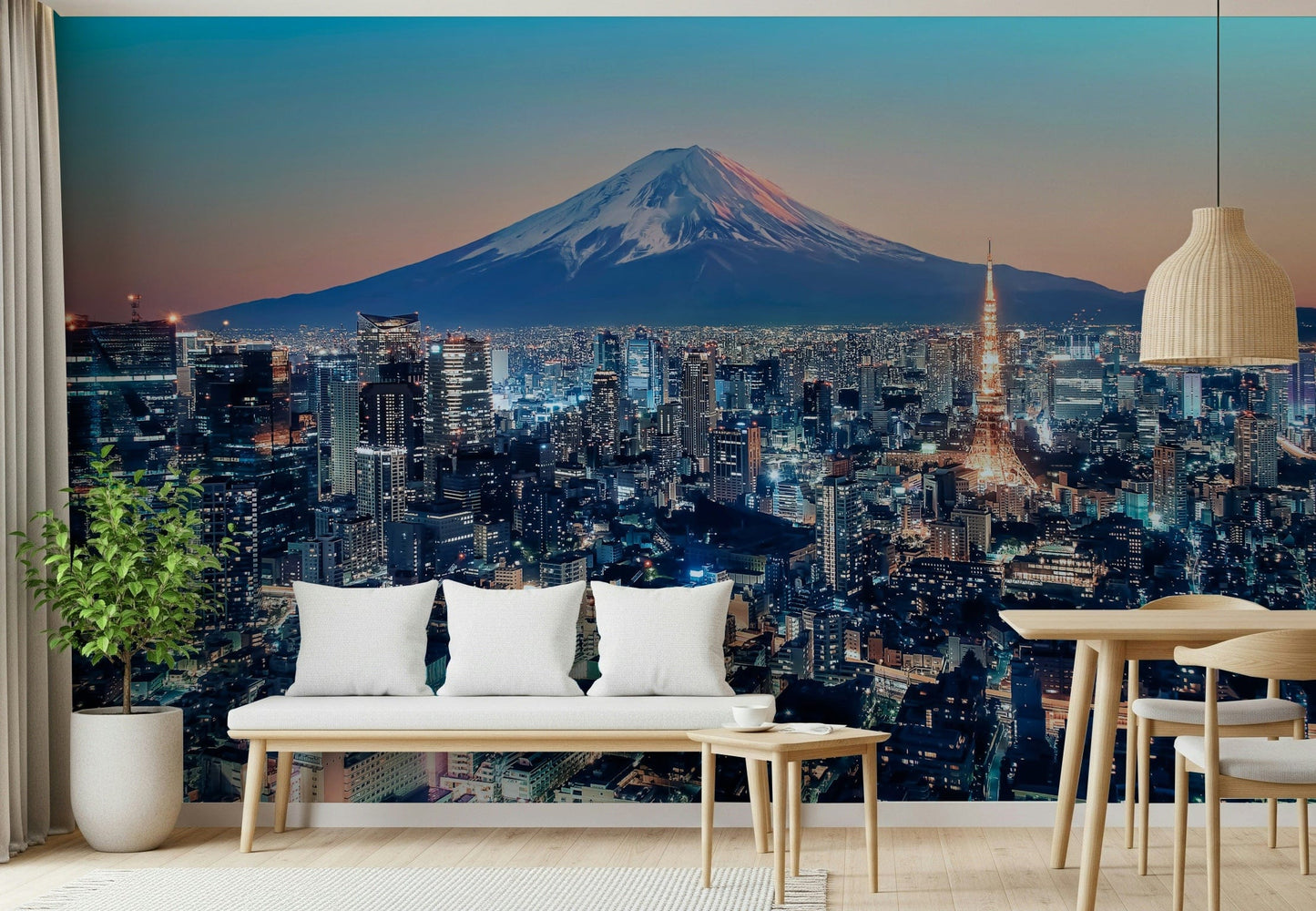 Urban night mural in dining room, clean style with city glow