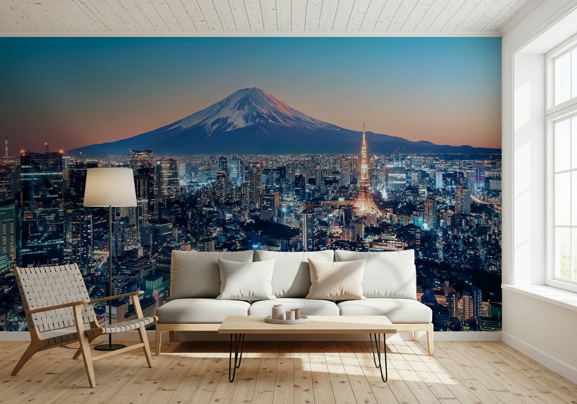 Neon dusk cityscape mural in home office, modern home décor