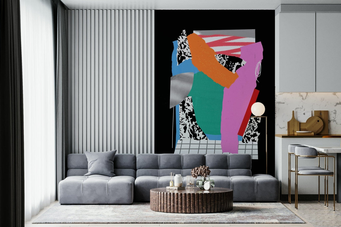 Artistic wallpaper panels for a cozy reading nook or home office.