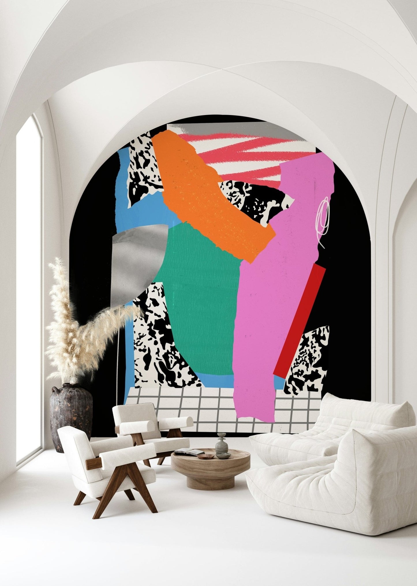 Contemporary wall mural with earthy hues in a bright studio apartment.