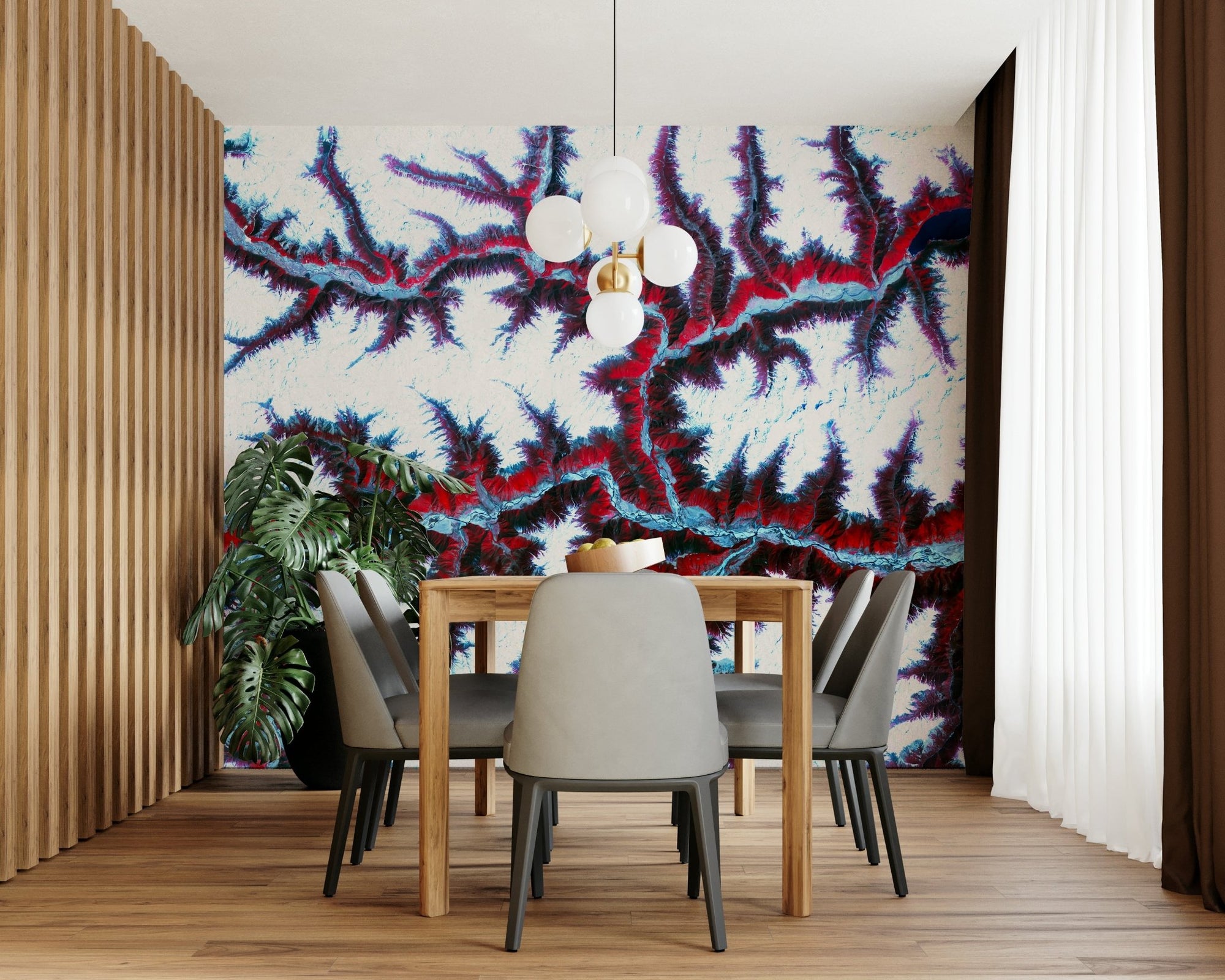 A wall mural of a topographic map landscape.

