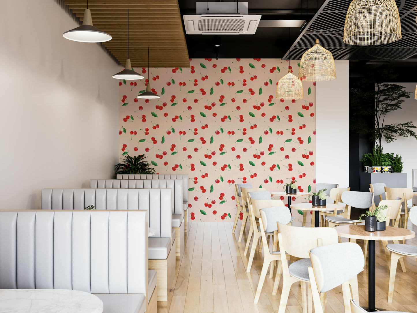 Tossed painterly cherries on light background wallpaper

