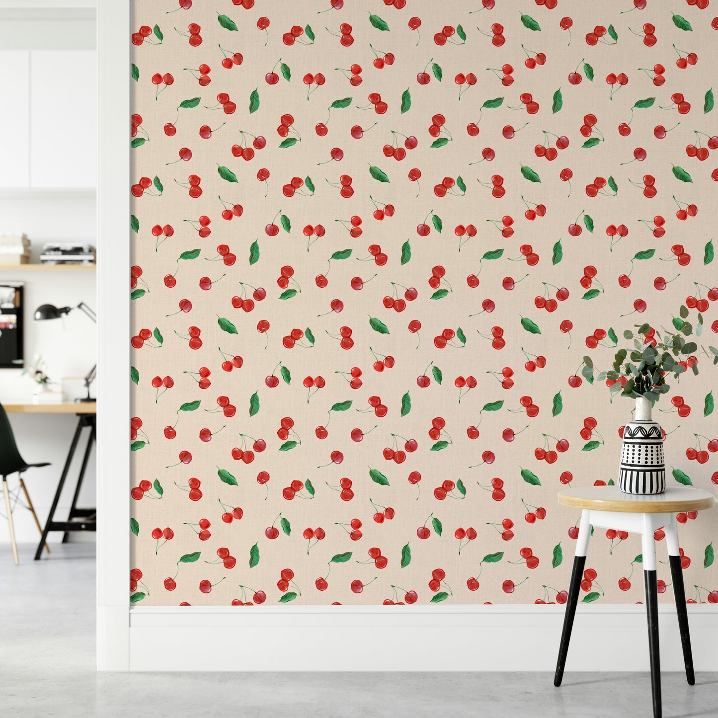 Retro-style wallpaper with tossed cherry motifs

