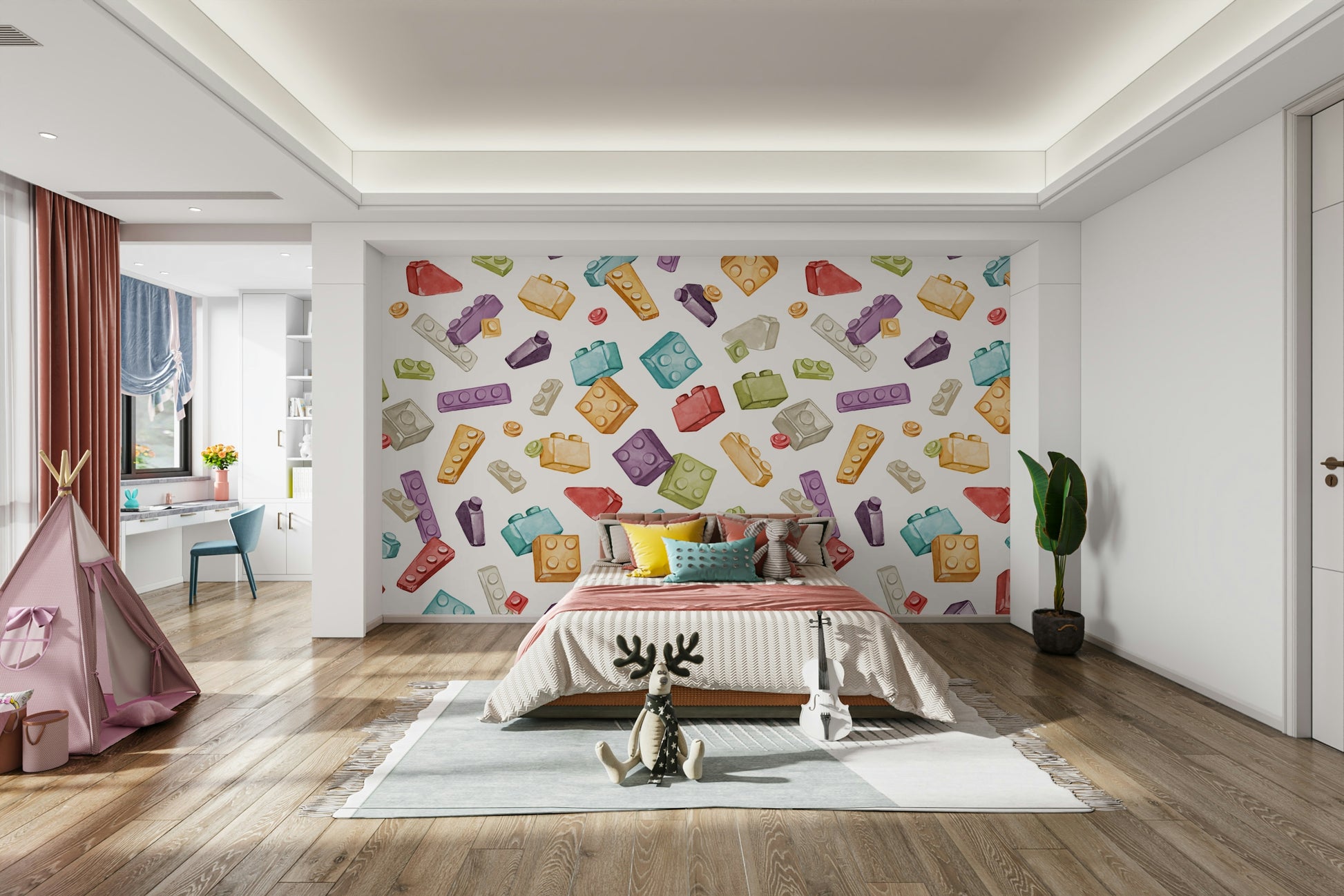Bright toy-themed wallpaper for children’s playroom