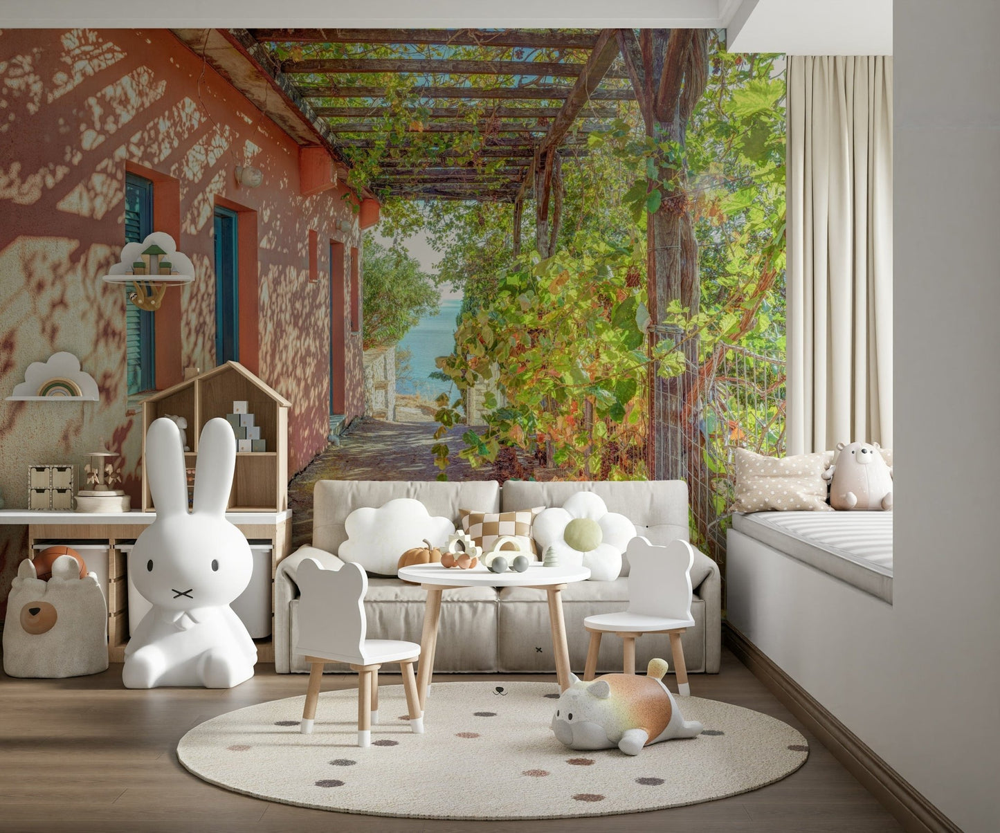 Sun-drenched Mediterranean Alonissos building and vibrant leafy foliage.