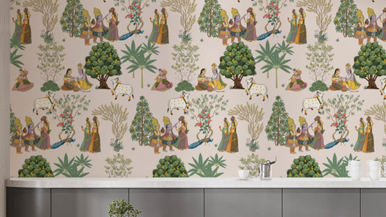 Traditional Indian Cultural Wall Mural with heritage motifs
