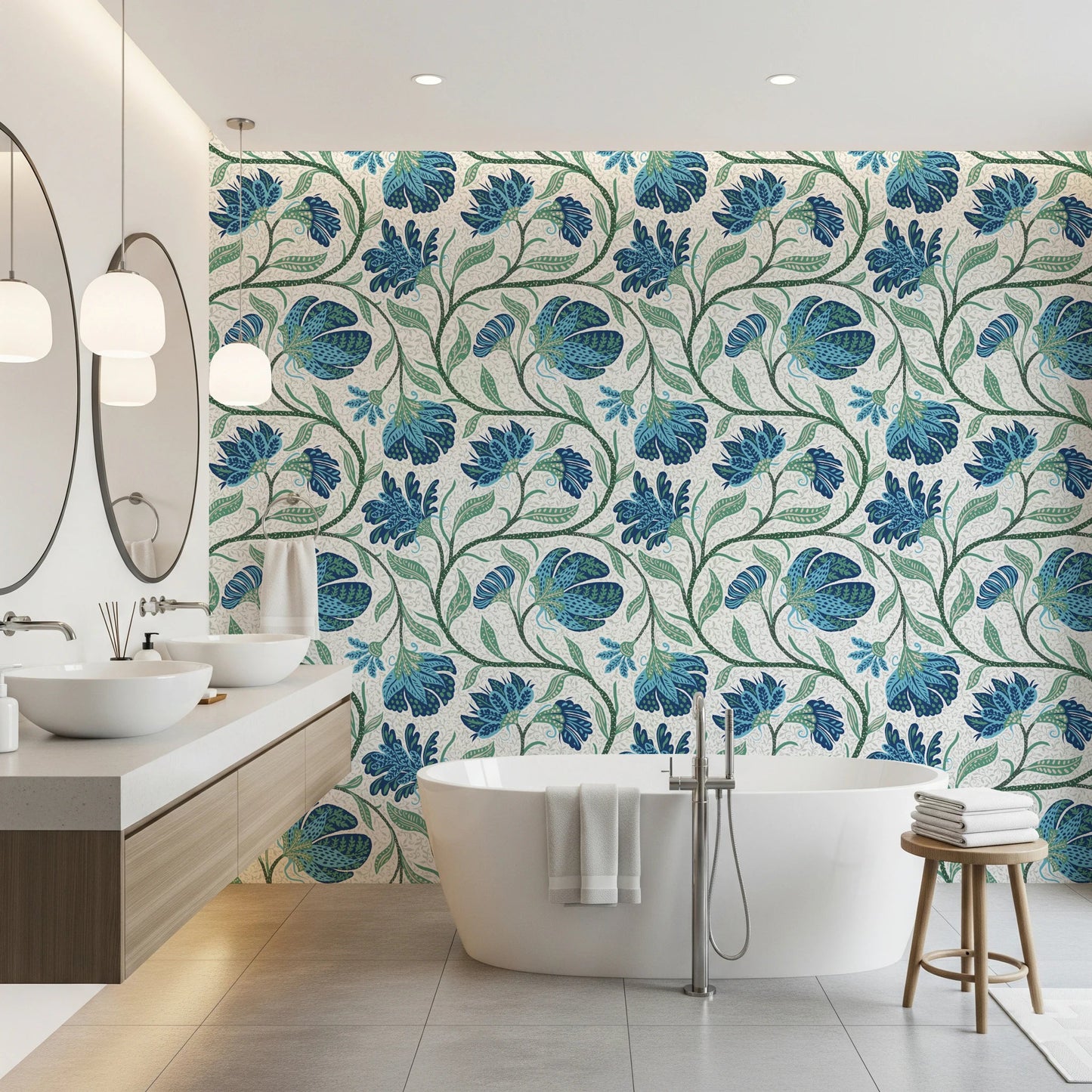 Trailing Indina Floral - Blue and White Wallpaper⁠