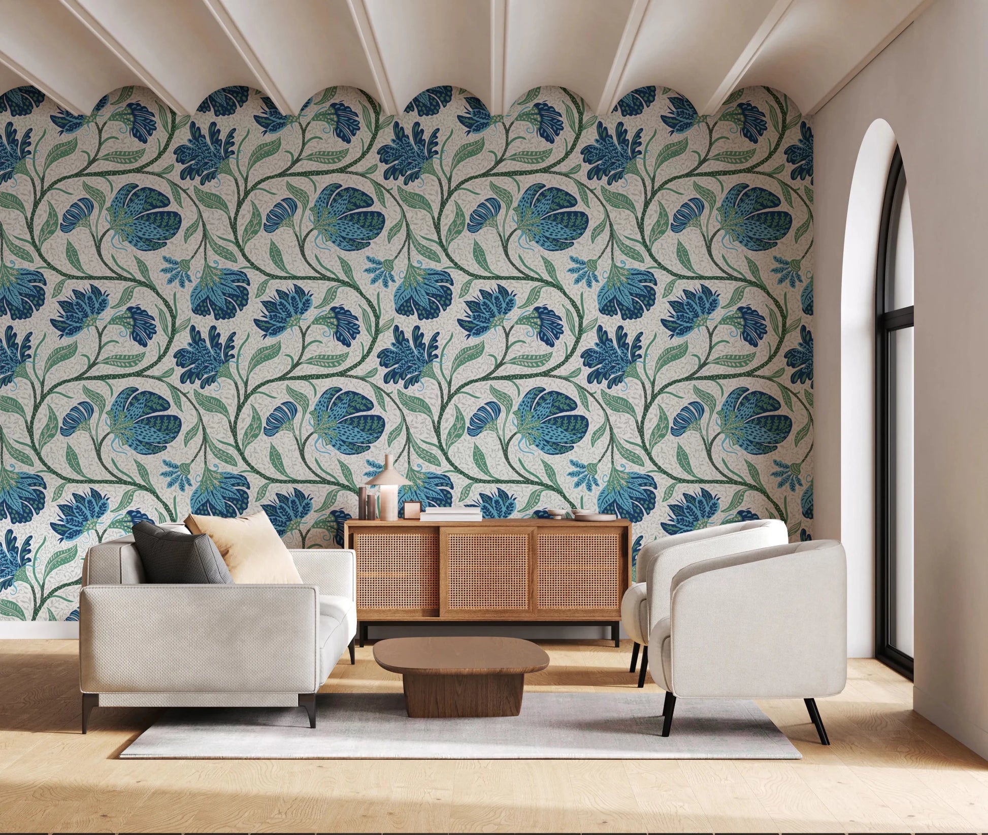 Trailing Indina Floral - Blue and White Wallpaper⁠