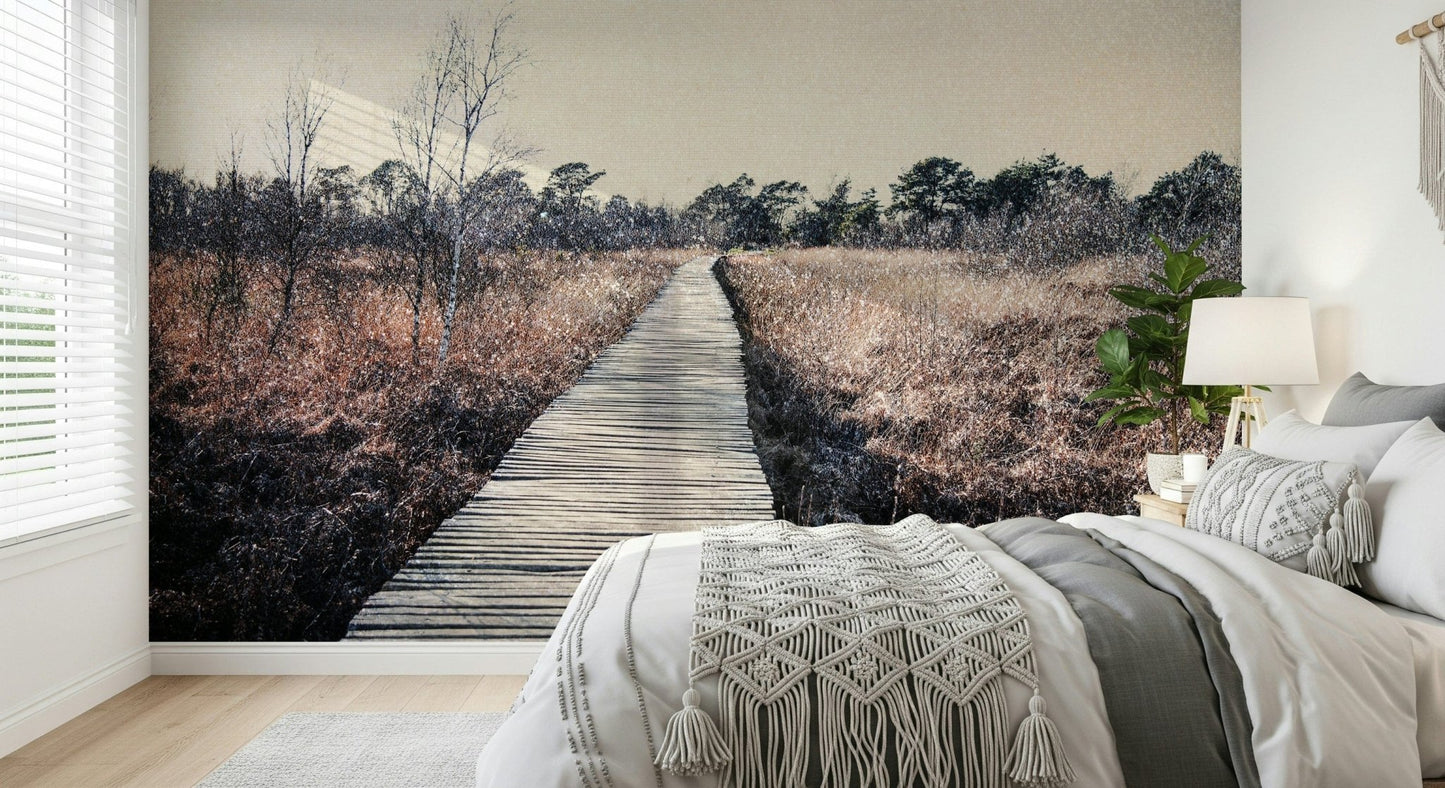 High quality peel and stick mural showing a misty trail for a sophisticated dining area.