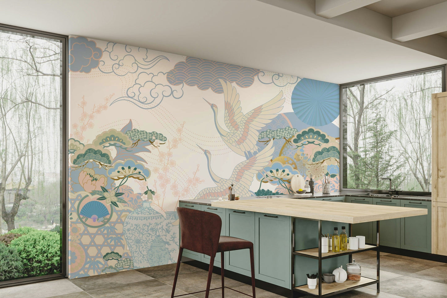 The colors are soft and gentle, with pale greens, blues, and whites.

