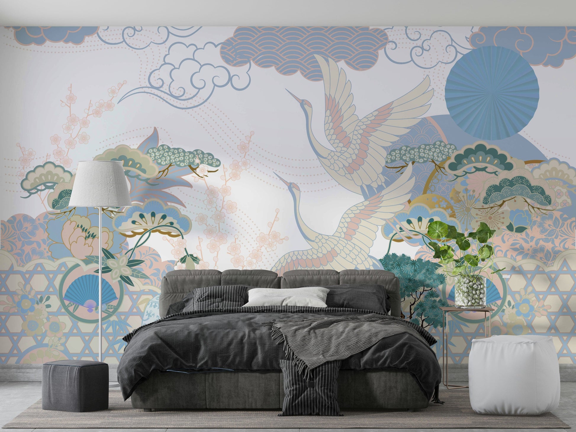 The design features a stylized pond, cranes, and bamboo.

