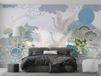 The design features a stylized pond, cranes, and bamboo.

