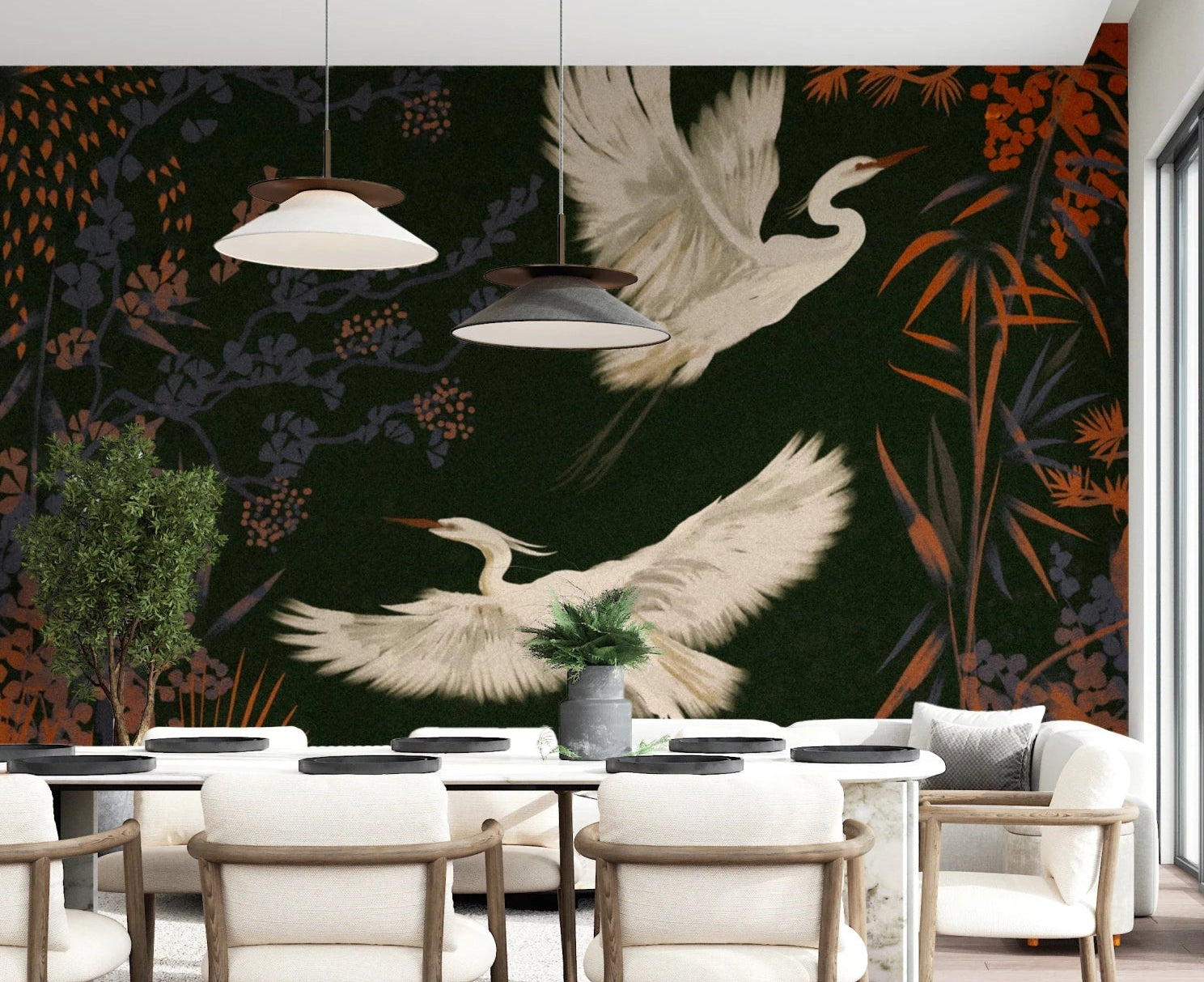Tranquil Aviary Herons Asian Art wallpaper mural of cream herons on dark green behind a white dining table and chairs