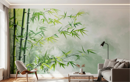 Tranquil Bamboo wallpaper mural of green bamboo on a misty backdrop behind an armchair and grey sofa in a living room