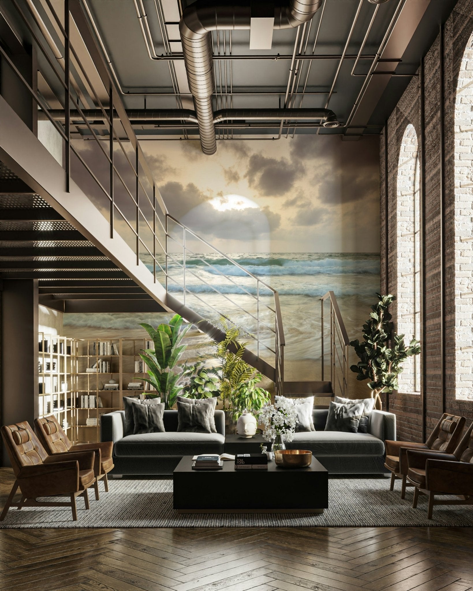 The mural is installed in a modern, quiet living room.

