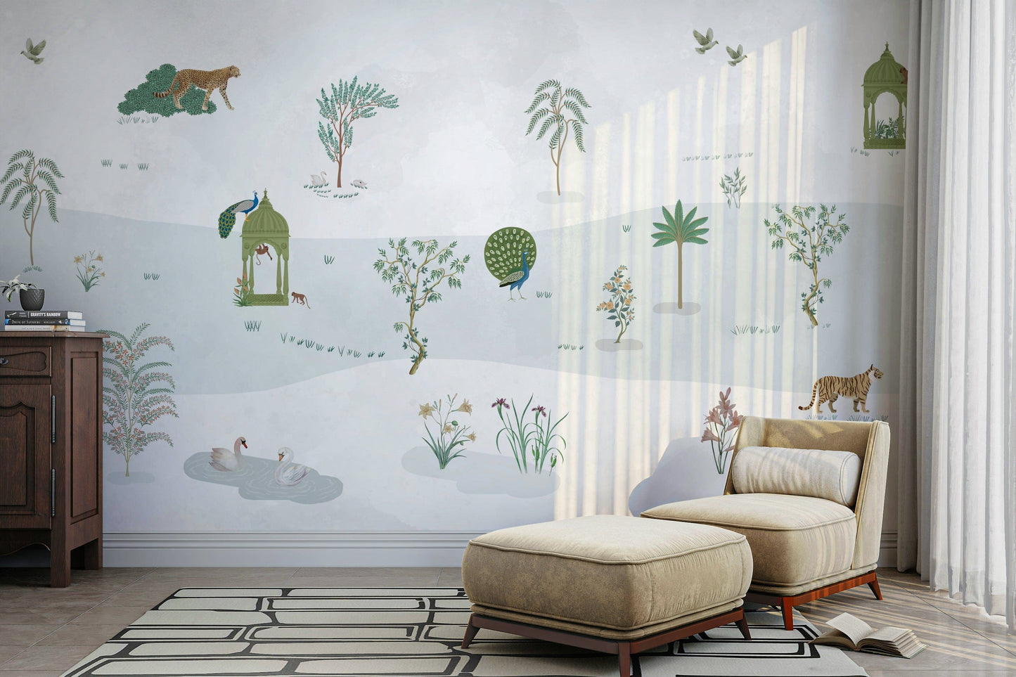 The colors are soft and gentle, with pale greens, whites, and light pinks.

