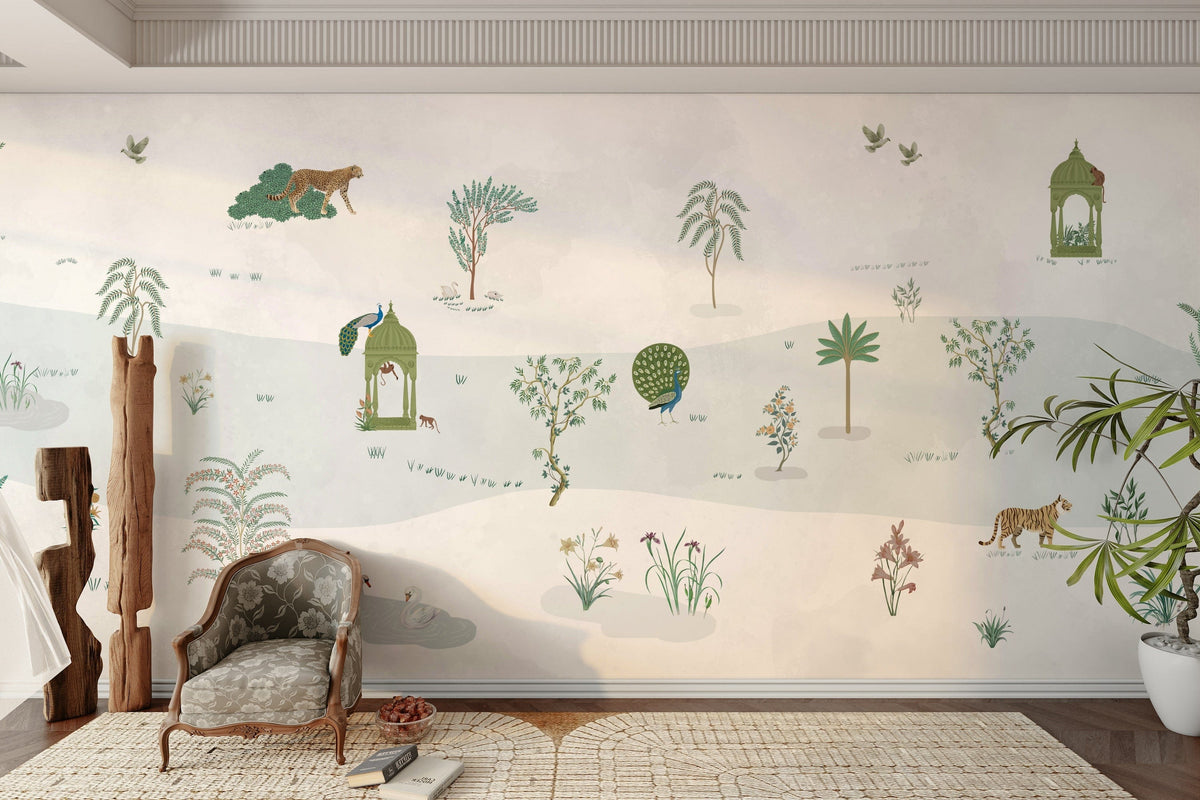 A peaceful wall mural with a tranquil garden scene.

