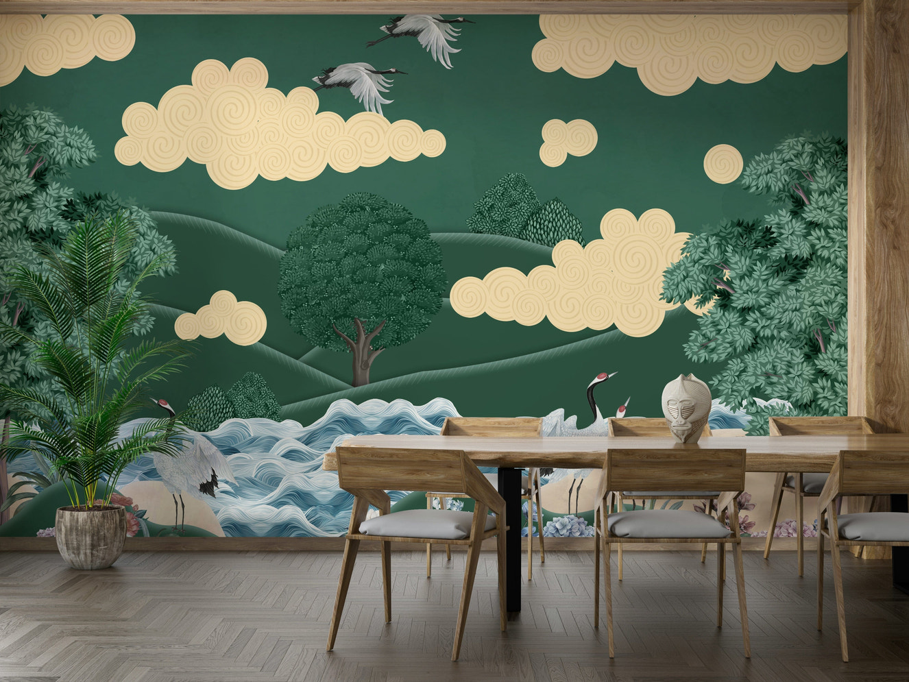 The cranes are shown standing or flying in a wide landscape.


