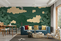 A peaceful wall mural with a scenic view of cranes.

