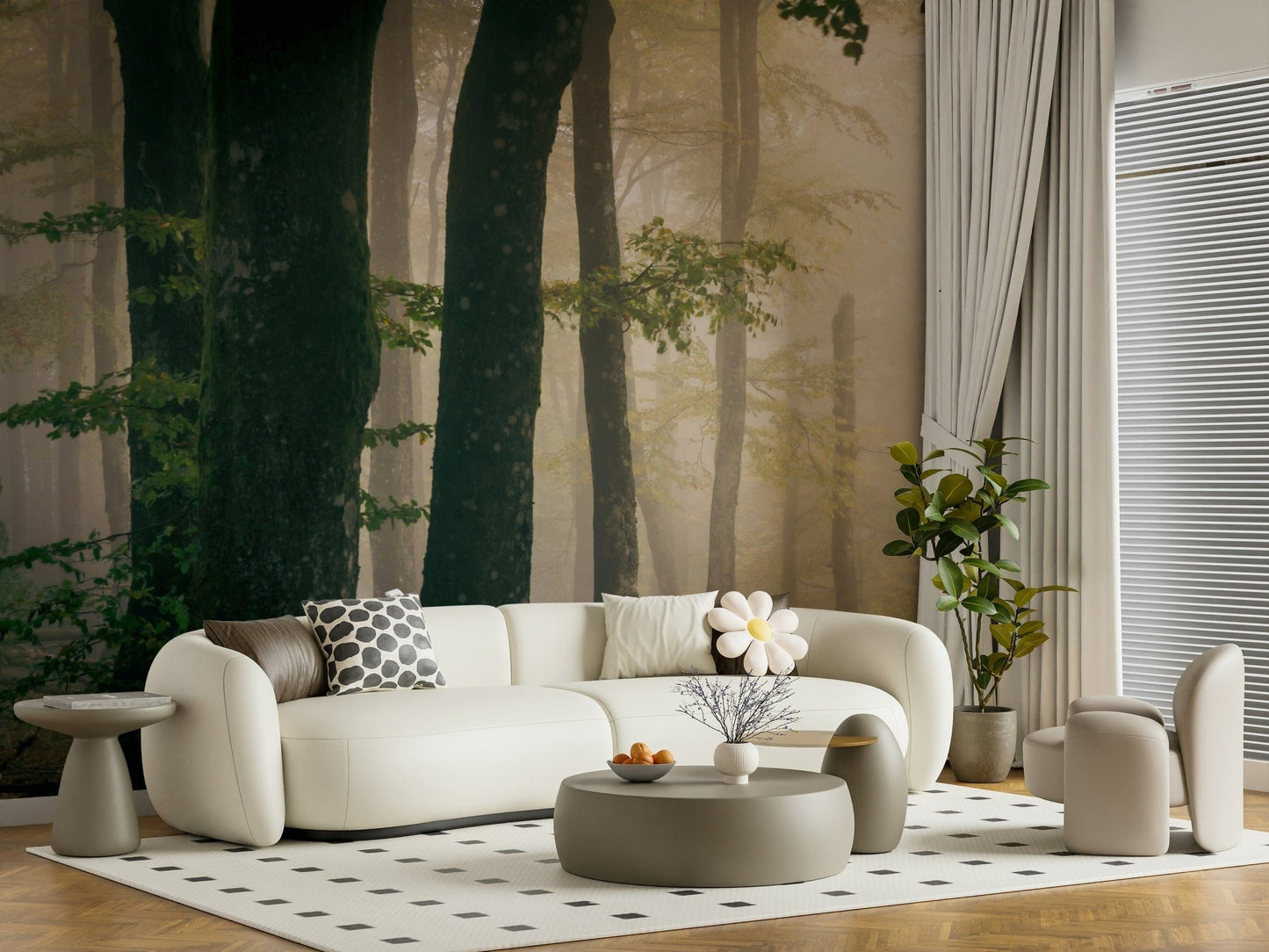 Removable wallpaper Tranquil Grove, dreamy forest photo, subtle light and shadows.