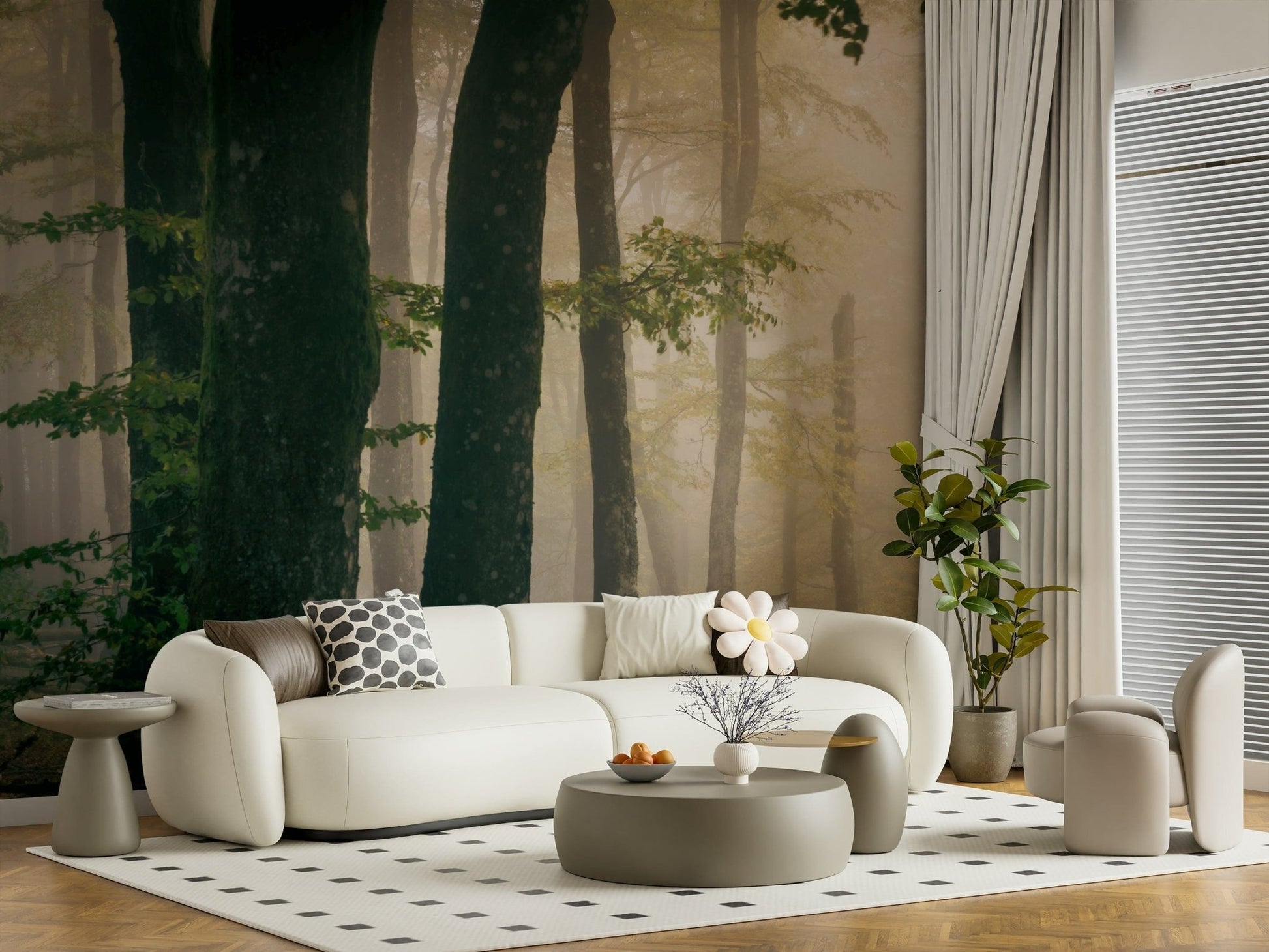 Removable wallpaper Tranquil Grove, dreamy forest photo, subtle light and shadows.