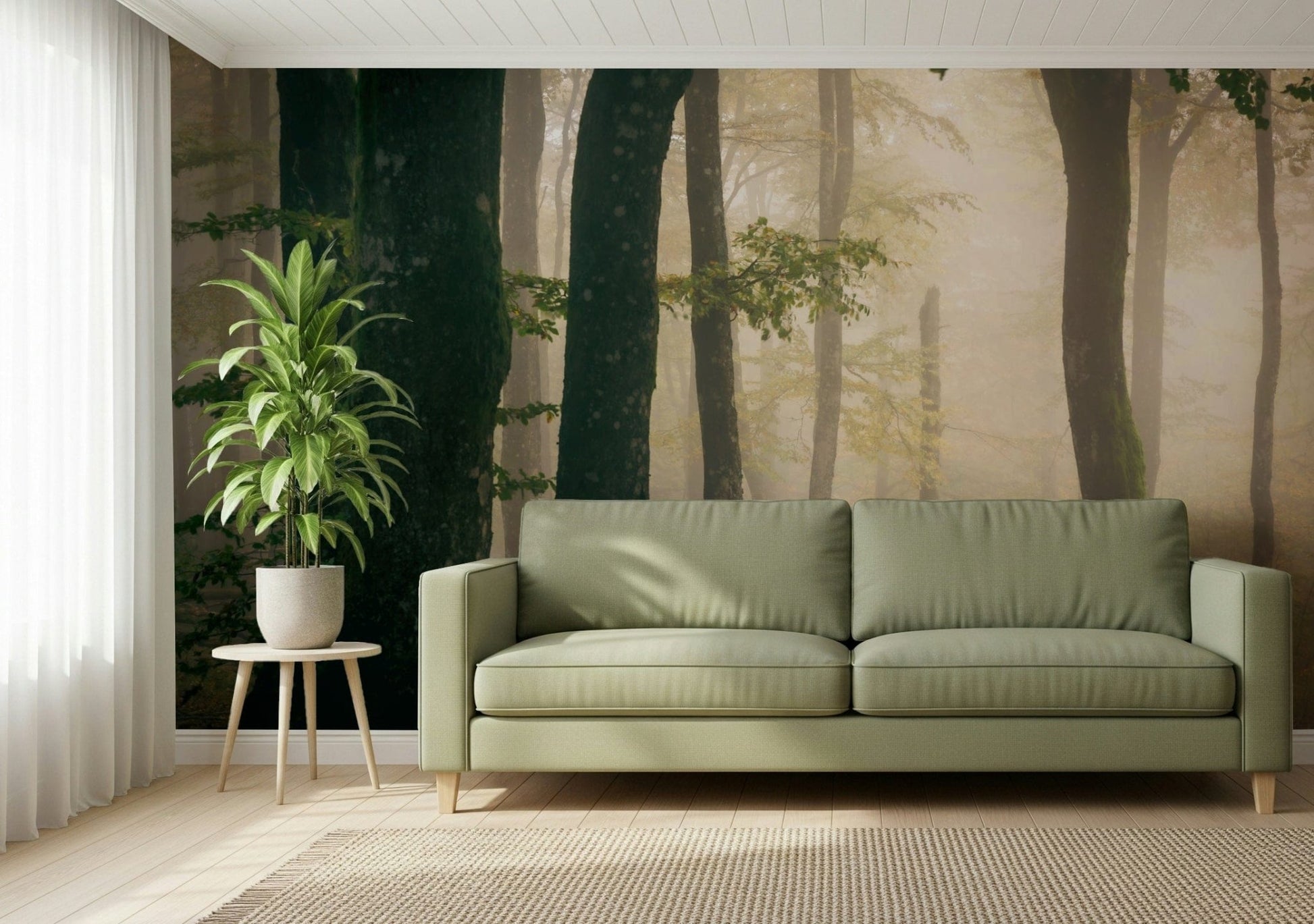 Peel and stick wallpaper Tranquil Grove, mossy bark, peaceful woodland ambiance art.