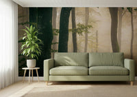 Peel and stick wallpaper Tranquil Grove, mossy bark, peaceful woodland ambiance art.