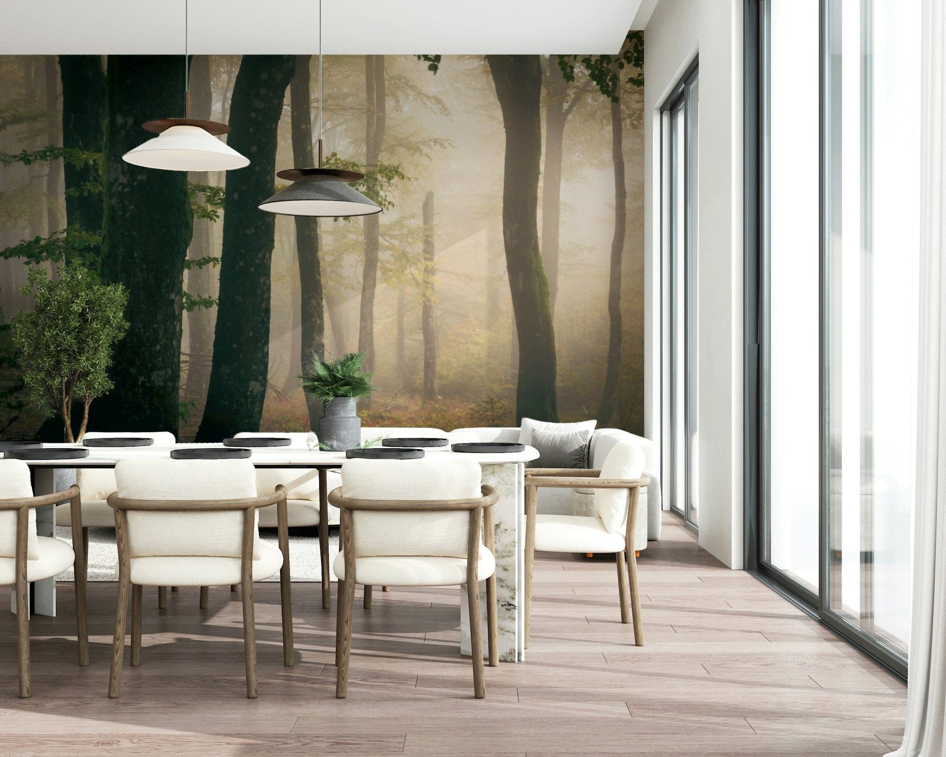 Wallpaper for walls Tranquil Grove, serene morning fog, calming nature scene print.