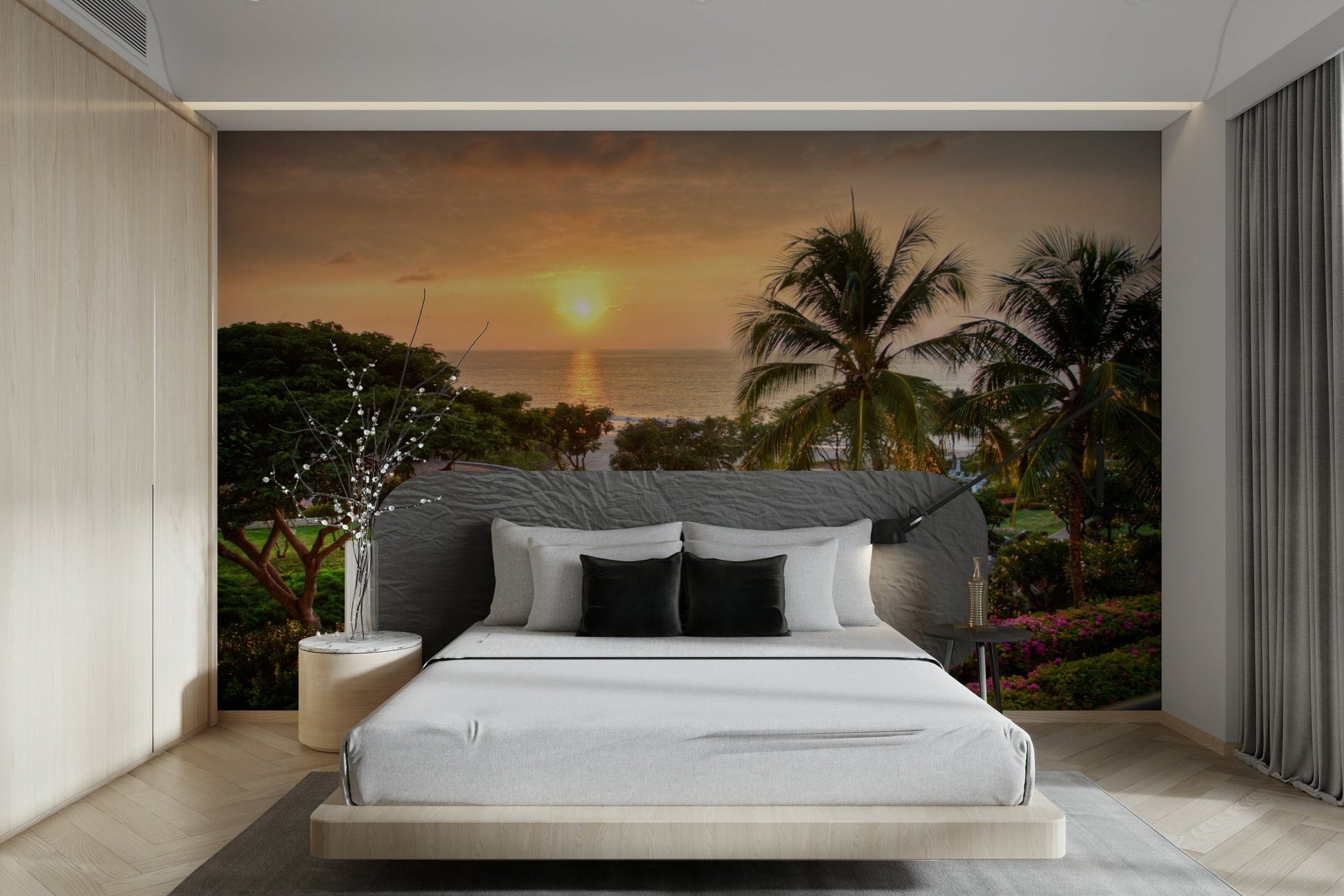 Tranquil Hawaii Island Sunset wallpaper mural with an ocean sunset behind a platform bed and grey headboard
