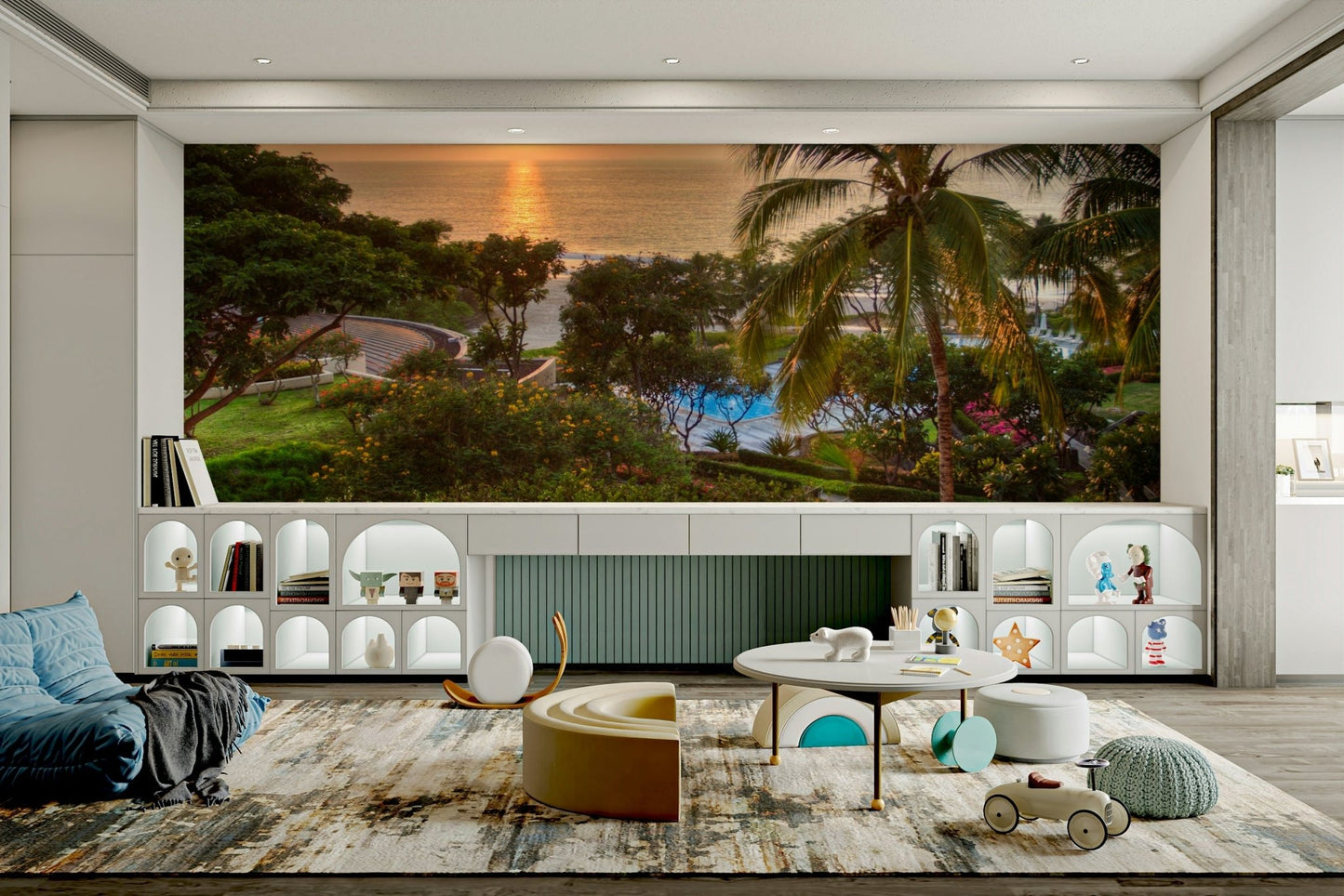 Tranquil Hawaii Island Sunset wallpaper mural with sea and palm trees above a blue sofa and arched cabinets