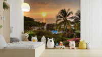 Tranquil Hawaii Island Sunset wallpaper mural of an ocean sunset and palms in a kids room with plush bears