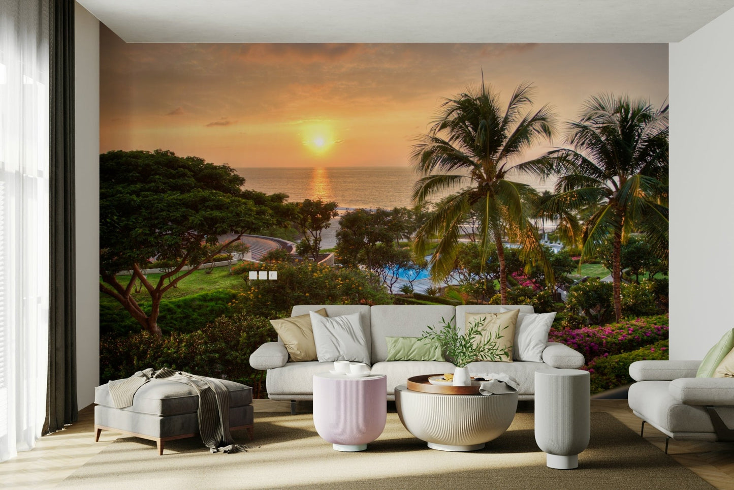 Tranquil Hawaii Island Sunset wallpaper mural of a tropical sea sunset and palms above a white living room sofa