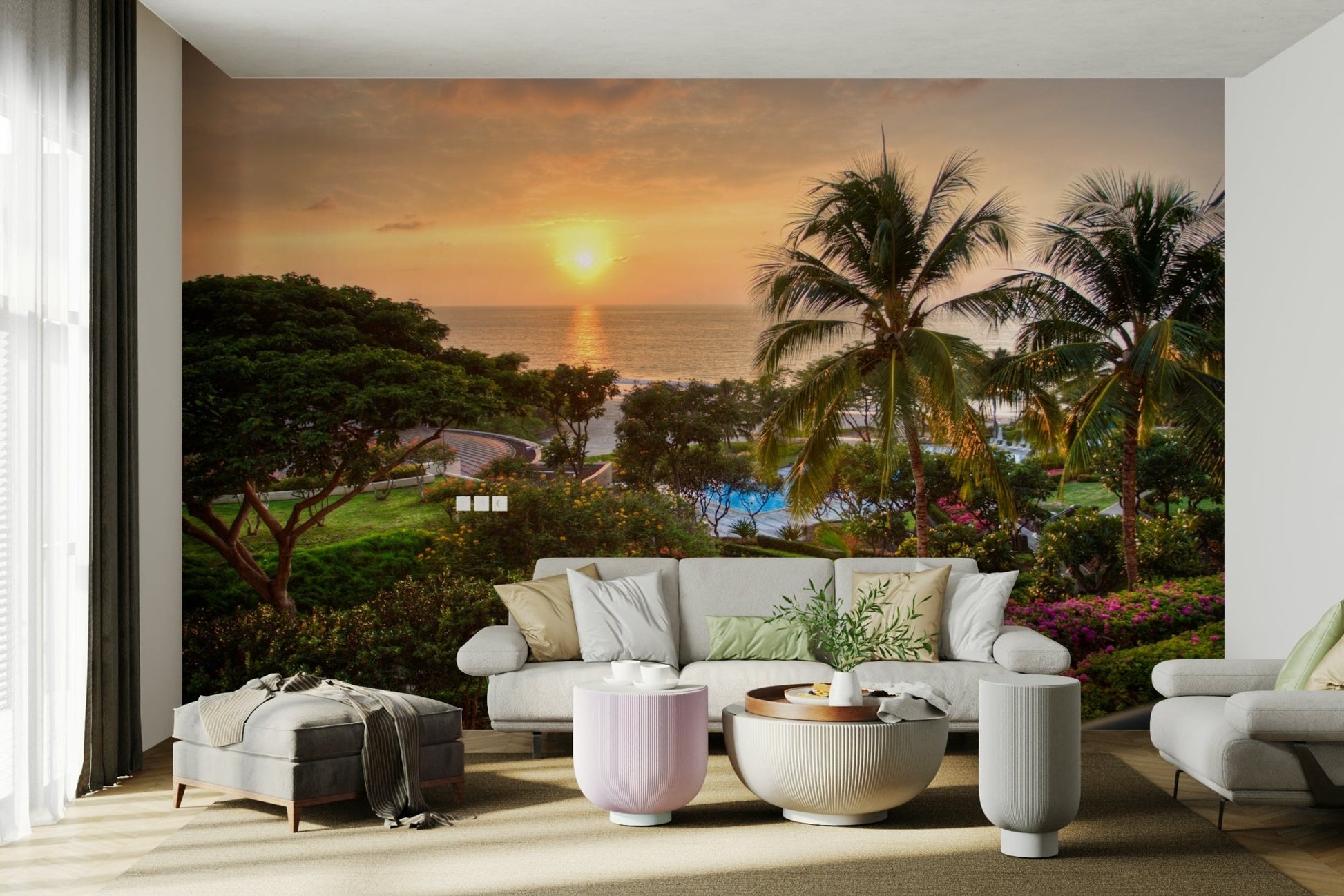 Tranquil Hawaii Island Sunset wallpaper mural of a tropical sea sunset and palms above a white living room sofa
