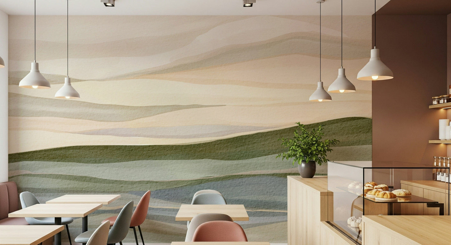Abstract landscape wall mural named Rolling Horizon with slate blue bottom layers.