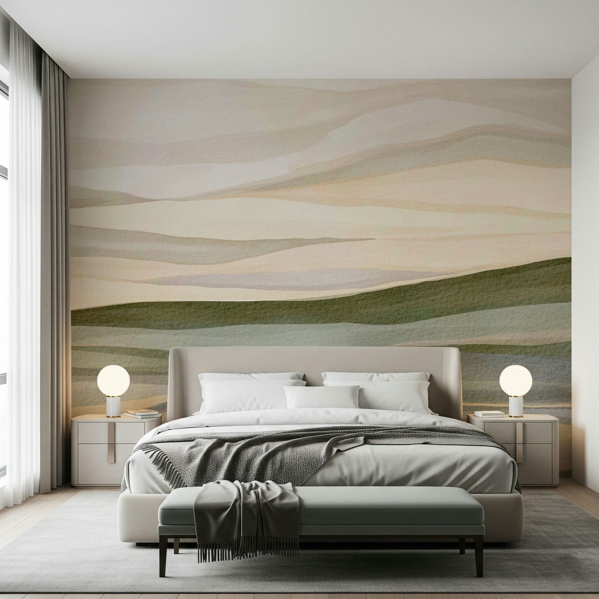 Rolling Horizon wallpaper displaying moss green and peach bands for calm effect.