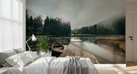 Lakeside Dawn Wall Mural – Relaxing mural capturing tranquil waters, warm sky tones, and dock reflections.
