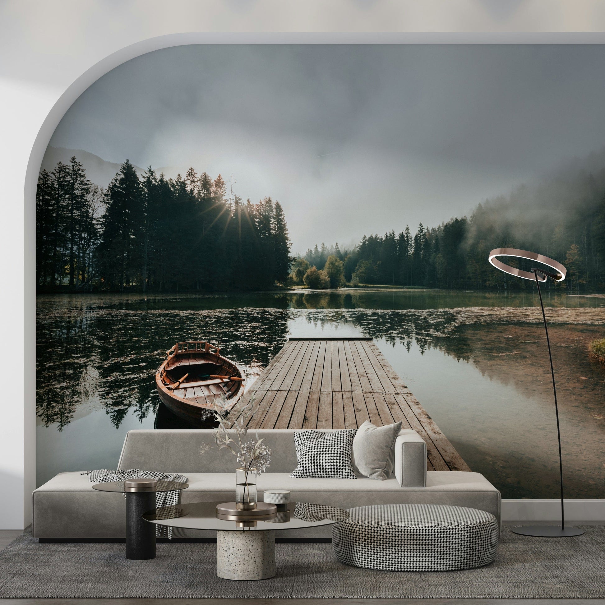 Morning Harbor View Wall Mural – Soothing scene with pastel skies and calm reflections at a lakeside dock.