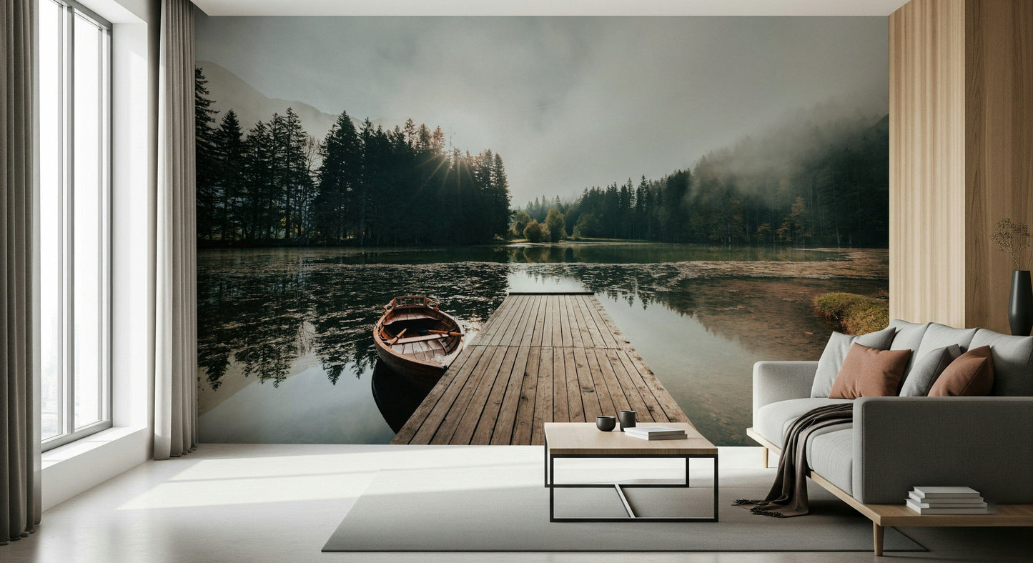 Seaside Dock Wall Mural – Tranquil mural featuring a pier stretching into still waters under a soft morning sky.