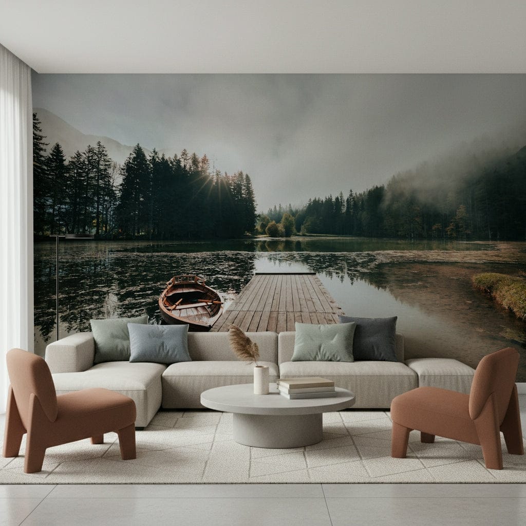 Harbor Sunrise Wall Mural – Serene mural capturing a wooden dock bathed in golden dawn light.