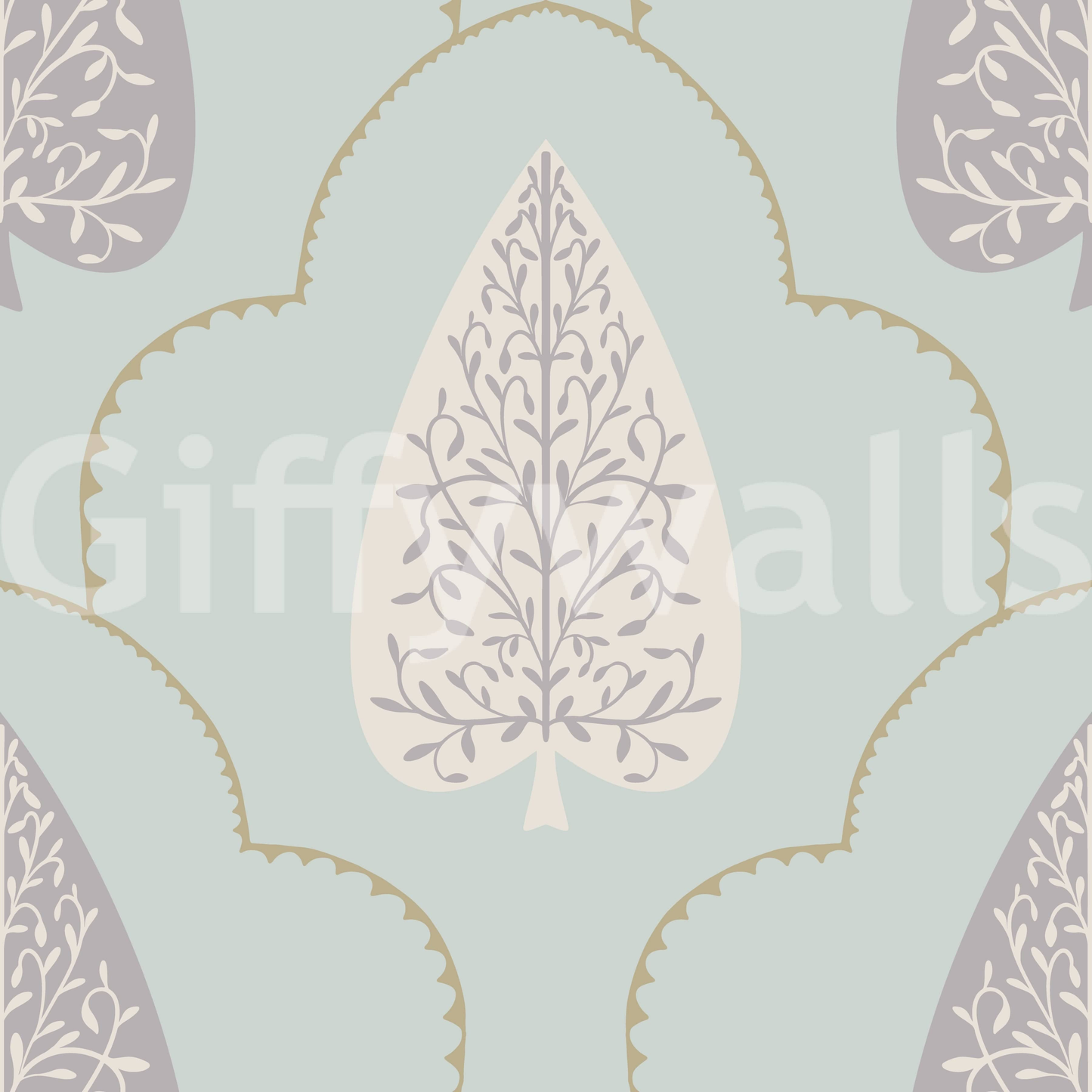 Harmonious Tranquil Trellis mural gentle lilac on duck egg blue.