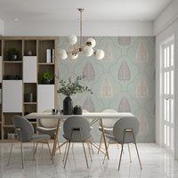 Refined Tranquil Trellis wallpaper powder blue neutral color scheme.