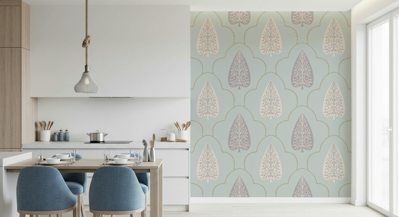 Tranquil Trellis wallpaper serene sage color leaf motif design.