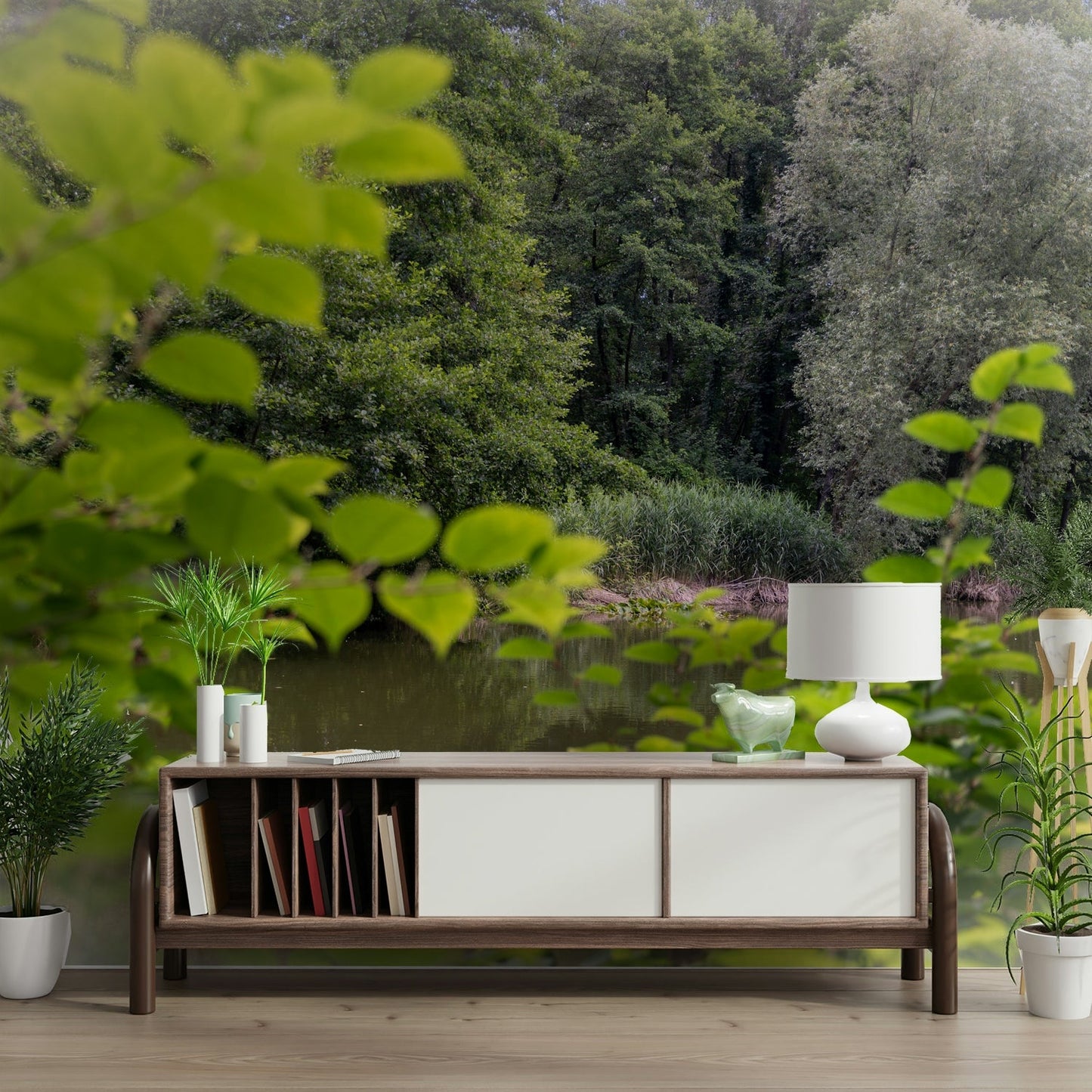 A wall mural depicting a serene natural environment
