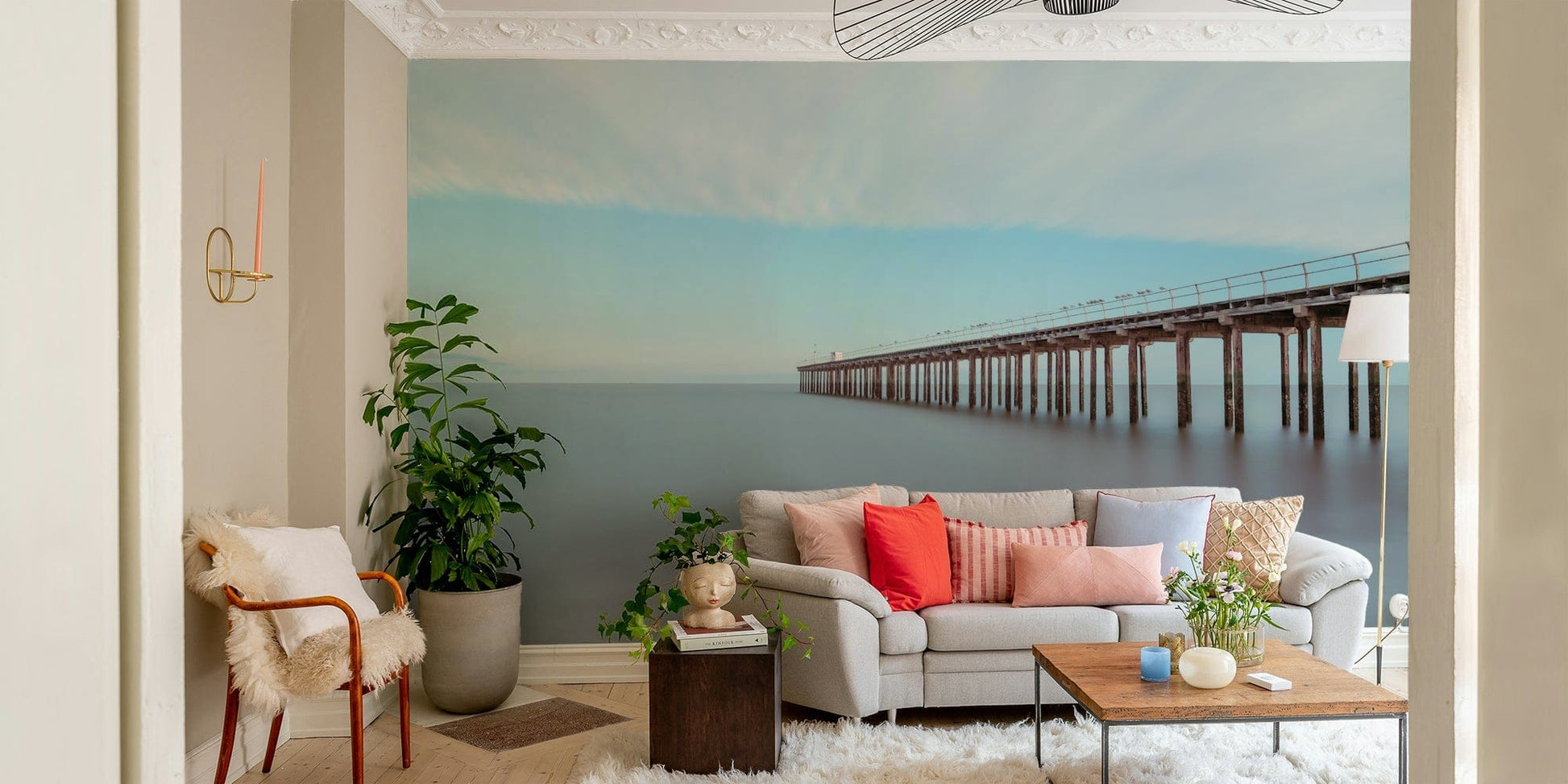 A minimalist home office with the wharf wallpaper.

