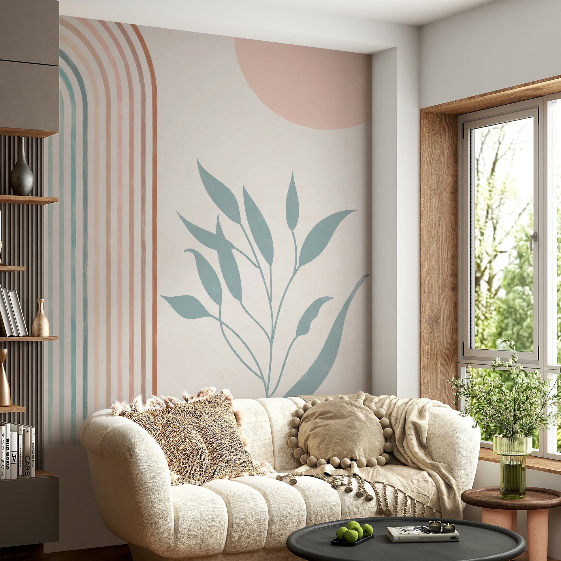Pastel rainbow mural with tranquil scenery

