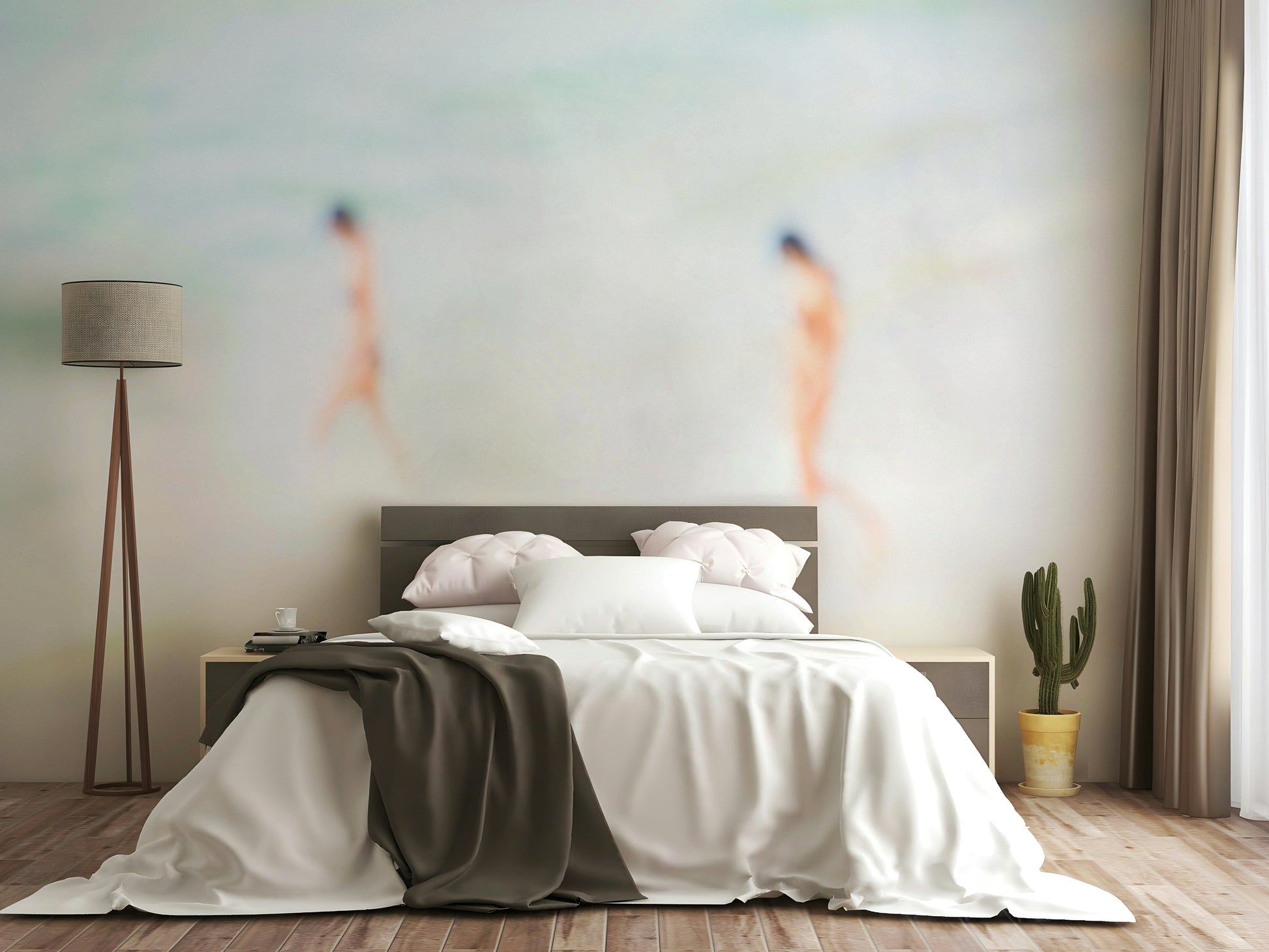 The wallpaper is used as a feature wall in a bedroom.

