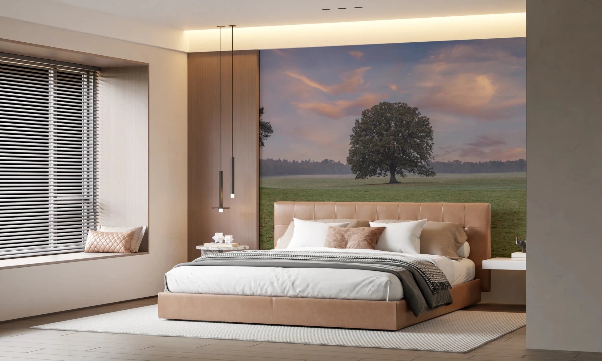 Vivid green Tranquil Sunrise Field for bedroom Wall Mural with tall pine trees
