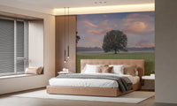 Vivid green Tranquil Sunrise Field for bedroom Wall Mural with tall pine trees