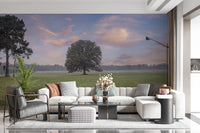 Tranquil Sunrise Field Wall Mural with golden morning light for living room.