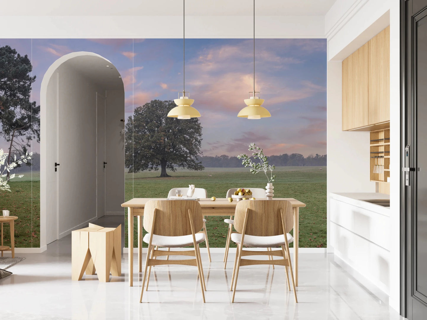 Tranquil Sunrise Field Wall Mural showing wide for open grassy dining area.
